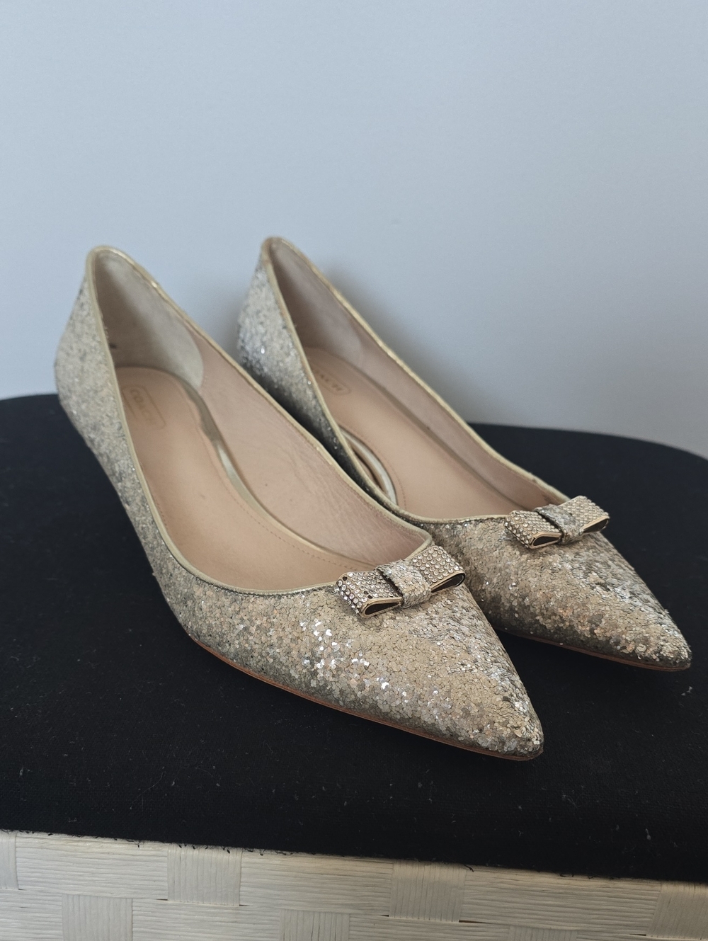 Coach Glitter Pointed Toe Kitten Heels  with Sparkle Bow